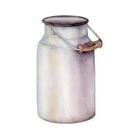 aquarelle illustration métal pouvez pour lait. récipient peint dans aquarelle isolé sur blanc Contexte. ferme cruche pour biologique aliments. main tiré esquisser ancien blanc aluminium pot. emballage conception. vecteur