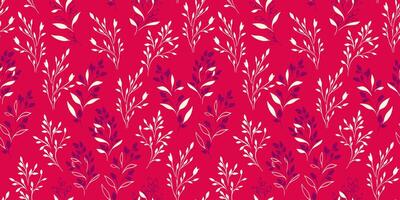 Facile formes doucement floral sans couture modèle. brillant rouge Contexte avec minuscule branches, feuilles, taches, gouttes. vecteur main dessiné. modèle pour conception, textile, mode, imprimer, surface conception