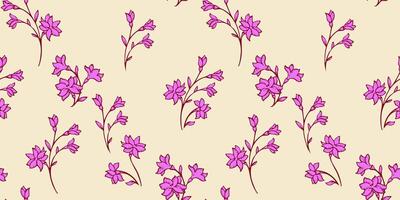 modèle doux, minimaliste branches fleurs avec bourgeons épars au hasard. vecteur main dessiné. abstrait brillant violet minuscule floral tiges sur le Jaune Contexte. été Facile botanique impression.