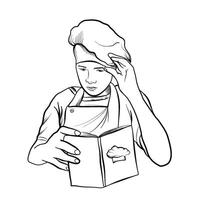 une dessiné à la main dessin de une cuisinier en train de lire une recette livre vecteur