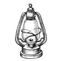 ancien lanterne. main tiré vecteur illustration de vieux kérosène lampe peint par noir encres. graver de rétro métal équipement pour Voyage et aventure. antique rouillé verre élément pour icône ou logo