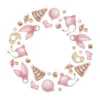 rond Cadre de accessoires pour nouveau née fille. air ballon, tireur, casquette, chaussettes, jouet pyramide, étoiles et anneau de dentition. isolé aquarelle couronne des gamins bien et boutique, cartes, bébé douche, des gamins pièce et jouet vecteur