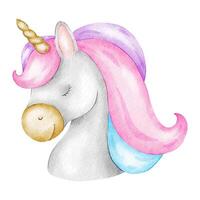 mignonne Conte de fée Licorne. isolé bébé aquarelle illustration. conception pour logo, des gamins marchandises, vêtements, textile, cartes postales, affiches, bébé douche et enfants pièce vecteur