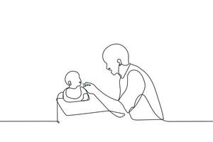 Jeune père alimentation bébé séance dans bébé chaise - un ligne dessin vecteur. concept de Célibataire père alimentation bébé avec cuillère, Masculin nounou, Baby-sitter vecteur