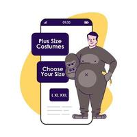 écran d'application pour smartphone de costumes de grande taille. costume de singe. vêtements de fête à louer. écrans de téléphone portable, maquette de conception de personnages de dessins animés. interface téléphonique d'application de boutique en ligne vecteur