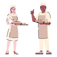 les boulangers couplent le caractère vectoriel plat. chefs de restaurant, illustration de dessin animé de travailleurs de boulangerie avec contour. Femme et homme confiseurs tenant un plateau avec du pain et des petits pains isolé sur fond blanc