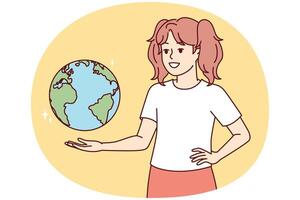 adolescent fille avec globe études la géographie et rêves de en voyageant de monde. vecteur image