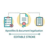 icône de concept de services de traduction. apostilles et illustration de la ligne mince de l'idée de légalisation des documents. papier juridique et interprétation de textes écrits. dessin de contour isolé de vecteur. trait modifiable vecteur