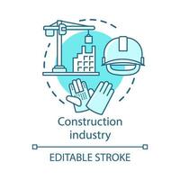 icône de concept de l'industrie de la construction. secteur du bâtiment. grue, maison, casque, gants de travail. illustration de fine ligne d'idée d'ingénierie immobilière. dessin de contour isolé de vecteur. trait modifiable vecteur