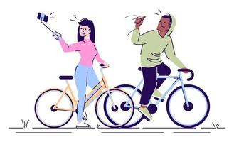 illustration vectorielle plate de selfie. homme et femme à vélo prenant selfie stick photo ensemble. Couple faisant autoportrait dans l'entraînement sportif personnage isolé sur fond blanc vecteur