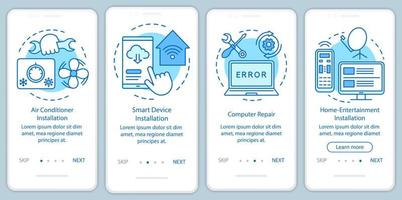 services à domicile pour appareils électroniques intégrant l'écran de la page de l'application mobile avec des concepts linéaires. instructions graphiques en quatre étapes. réparation d'ordinateur. ux, ui, modèle vectoriel gui, illustrations