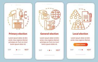 élections d'intégration du modèle vectoriel d'écran de page d'application mobile. élire des personnalités politiques locales et générales. Procédure pas à pas du site Web avec des illustrations linéaires. concept d'interface de smartphone ux, ui, gui