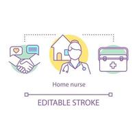 icône de concept d'infirmière à domicile. dans l'illustration de la ligne mince de l'idée de soins à domicile. aide à la vie. maison de soins palliatifs. soins de santé. traitement médical de la maladie. dessin de contour isolé de vecteur. trait modifiable vecteur