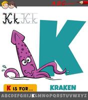 lettre k de alphabet avec dessin animé kraken personnage vecteur