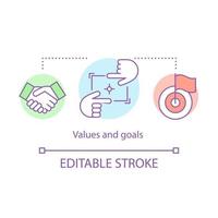 icône de concept de valeurs et d'objectifs. mission multimédia, solutions de promotion stratégique, hors des sentiers battus, illustration en ligne mince de l'idée de croissance du travail d'équipe. dessin de contour isolé de vecteur. trait modifiable vecteur
