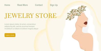 luxe bannière pour en ligne bijoux magasin, la mariée magasin. magnifique Jeune femme dans fleur couronne. vecteur