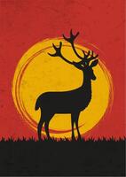 silhouette de cerf permanent dans printemps prairie. magique brumeux paysage, rouge le coucher du soleil illustration. vecteur