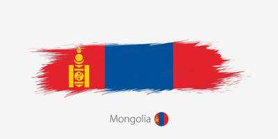 drapeau de Mongolie, grunge abstrait brosse accident vasculaire cérébral sur gris Contexte. vecteur
