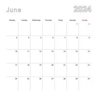 Facile mur calendrier pour juin 2024 avec à pois lignes. le calendrier est dans Anglais, la semaine début de lundi. vecteur