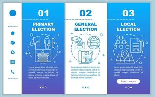 le jour de l'élection à bord du modèle vectoriel de pages Web mobiles. personnalités politiques. idée d'interface de site Web de smartphone réactif avec des illustrations linéaires. écrans d'étape pas à pas de la page Web. notion de couleur