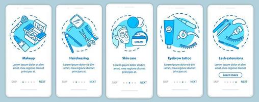 écran de page d'application mobile d'intégration bleue des services de salon de beauté avec des concepts linéaires. maquillage, salon de coiffure étapes pas à pas instructions graphiques. modèle vectoriel ux, ui, gui avec illustrations