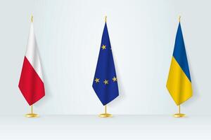 politique rassemblement de Gouvernements. drapeaux de Pologne, européen syndicat et Ukraine. vecteur