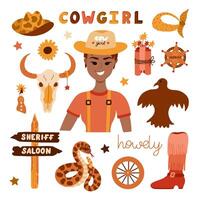 gros cow-girl ensemble dans branché plat style. main tiré Facile vecteur illustration avec occidental bottes, chapeau, serpent, cactus, taureau crâne, shérif badge étoile. cow-boy thème avec symboles de Texas et sauvage Ouest.