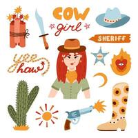 gros cow-girl ensemble dans branché plat style. main tiré Facile vecteur illustration avec occidental bottes, chapeau, serpent, cactus, taureau crâne, shérif badge étoile. cow-boy thème avec symboles de Texas et sauvage Ouest.