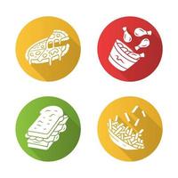 Fast-Food design plat grandissime icônes de glyphe définies. pizza, frites, pilons de poulet, sandwich. cuisine italienne et américaine. plats gras. restaurant, menu de café. illustration vectorielle vecteur
