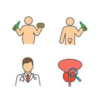 Ensemble d'icônes de couleur pour la santé des hommes. obésité, alcoolisme et dysfonction érectile, urologue, examen de la prostate. alimentation et mode de vie malsains. illustrations vectorielles isolées vecteur