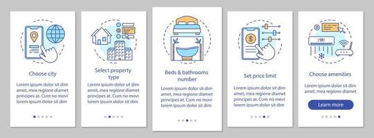 Écran de page d'application mobile d'intégration de bail immobilier avec des concepts linéaires. sélectionnez la ville, la propriété, les choses, les étapes de la procédure de prix, les instructions graphiques. modèle vectoriel ux, ui, gui avec illustrations