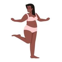 femme vêtue d'une illustration vectorielle plane de maillot de bain deux pièces. corps positif et féminisme. surpoids. figurine taille plus. personnage de dessin animé isolé femme souriante afro-américaine sur fond blanc vecteur