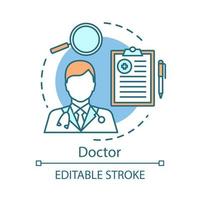 icône de concept de médecin. illustration de ligne mince idée de traitement médical. soins et aide aux patients. examen du patient. travailleur de la santé. service médical. dessin de contour isolé de vecteur. trait modifiable vecteur