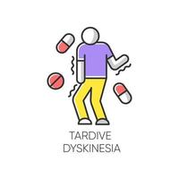icône de couleur de dyskinésie tardive. tremblements causés par les médicaments. problème de mouvement des neuroleptiques. chorée, athétose. désordre mental. maladie neurologique causée par les pilules. illustration vectorielle isolée vecteur