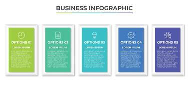 affaires infographies. chronologie avec 5 pas, choix, carrés. vecteur modèle.