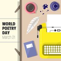 monde poésie journée affiche avec machine à écrire sur le bureau vecteur