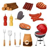 barbecue nourriture et ustensiles, éléments de une barbecue faire la fête. Extérieur grillades, grillé Viande, une vecteur ensemble de équipement pour une pique-nique sur le gril