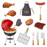 une ensemble de barbecue nourriture et ustensiles, barbecue fête articles. Extérieur grillades, grillé Viande, une vecteur ensemble de équipement pour une pique-nique sur le gril