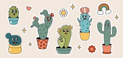 autocollant ensemble de mignonne sensationnel cactus dessin animé personnages branché rétro style. plantes d'intérieur personnage avec marrant visages. vecteur illustration