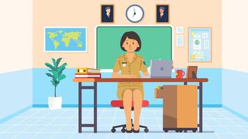 indonésien femelle civil serviteur employé dans uniforme séance travail dans le sien Bureau pièce avec portable et les documents vecteur
