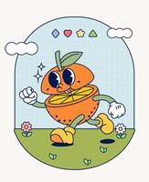 Orange tranche rétro personnage mascotte ancien branché main dessiner marrant griffonnage bande dessinée collection vecteur
