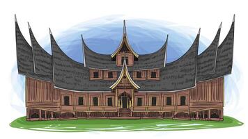 Rumah gadang Ouest sumatra Indonésie traditionnel maison dessin animé main tiré illustration vecteur