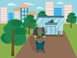 un l'éléphant des promenades vers le bas le rue de une supermarché. la vie dans le ville. personnage conception. vecteur illustration dans dessin animé style.