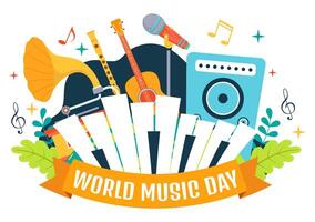 monde la musique journée vecteur illustration sur 21 juin avec divers musical instruments et Remarques dans plat dessin animé Contexte conception