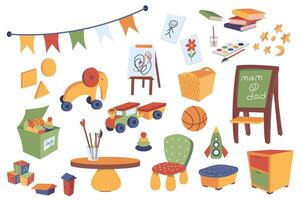 Jardin d'enfants intérieur méga ensemble dans plat conception. paquet éléments de jouets, drapeau guirlandes, classe tableau noir, des gamins meubles, éducation livres, dessin outils. vecteur illustration isolé graphique objets