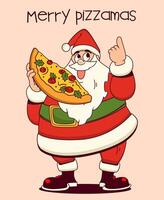 Père Noël claus en portant une tranche de savoureux Pizza. vecteur