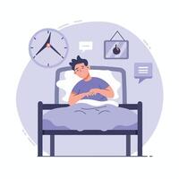 une homme est en train de dormir dans lit avec une l'horloge et autre articles autour lui vecteur