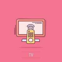 icône de la télécommande du téléviseur dans le style comique. illustration vectorielle de signe de dessin animé de télévision sur fond blanc isolé. diffuser le concept d'entreprise effet splash. vecteur