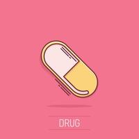 icône de capsule de pilule dans le style comique. illustration de vecteur de dessin animé de médicaments sur fond blanc isolé. concept d'entreprise d'effet d'éclaboussure de pharmacie.