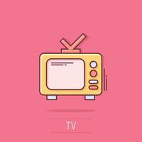 icône de télévision dans le style comique. illustration vectorielle de signe de dessin animé de télévision sur fond blanc isolé. concept d'entreprise d'effet d'éclaboussure de canal vidéo. vecteur